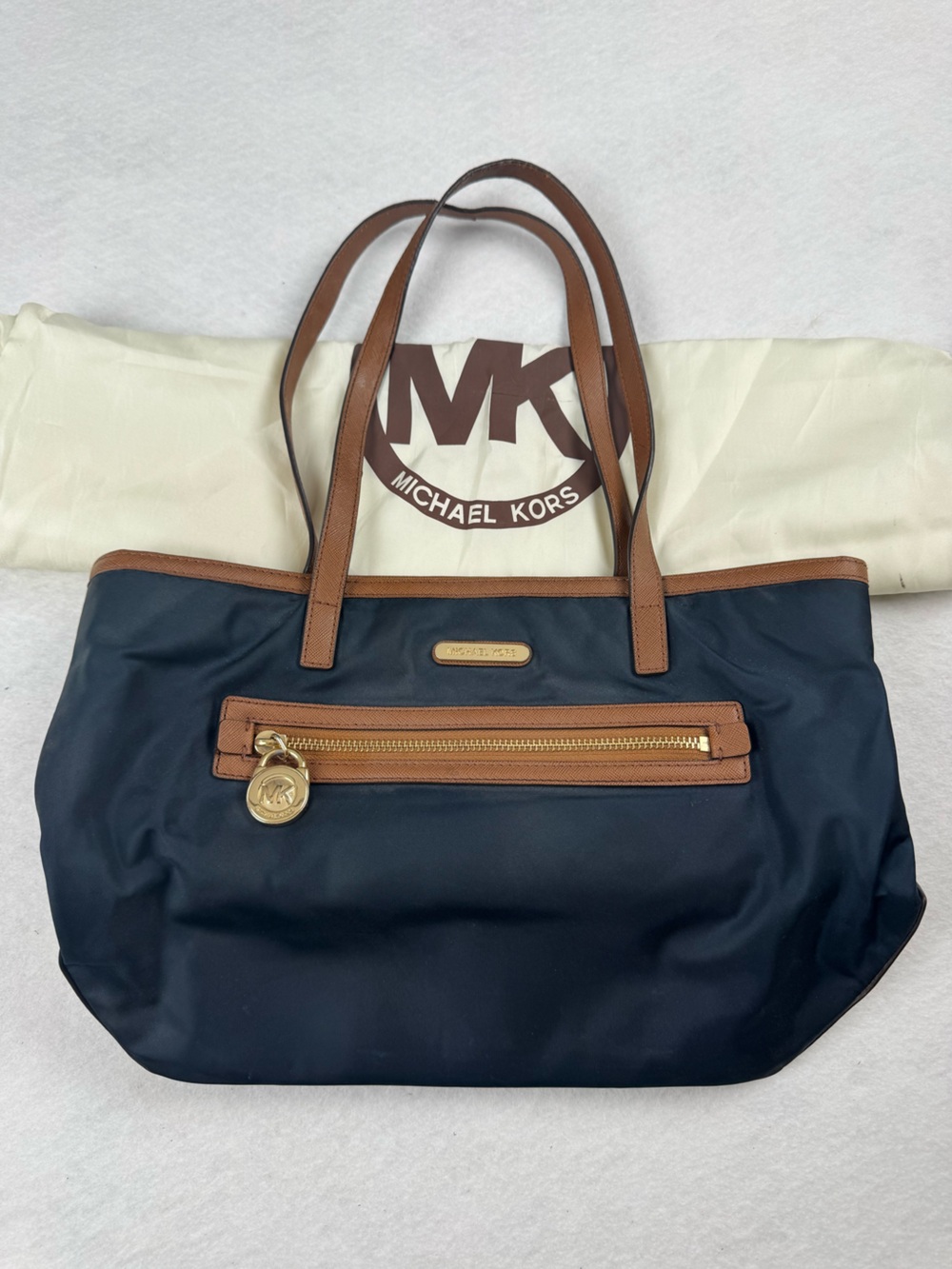 Michael Kors Navy Nylon Tote Bag Brown Leather Trim Shoulder Bag